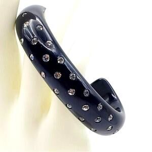 Black Lucite Pave Rhinestone Cuff Acrylic Bangle Bracelet Vintage MCM Rockabilly